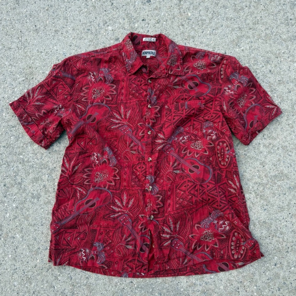 Aeropostale Mens Large Red Guitar Floral Tropical Rayon Blend Button Up Shirt